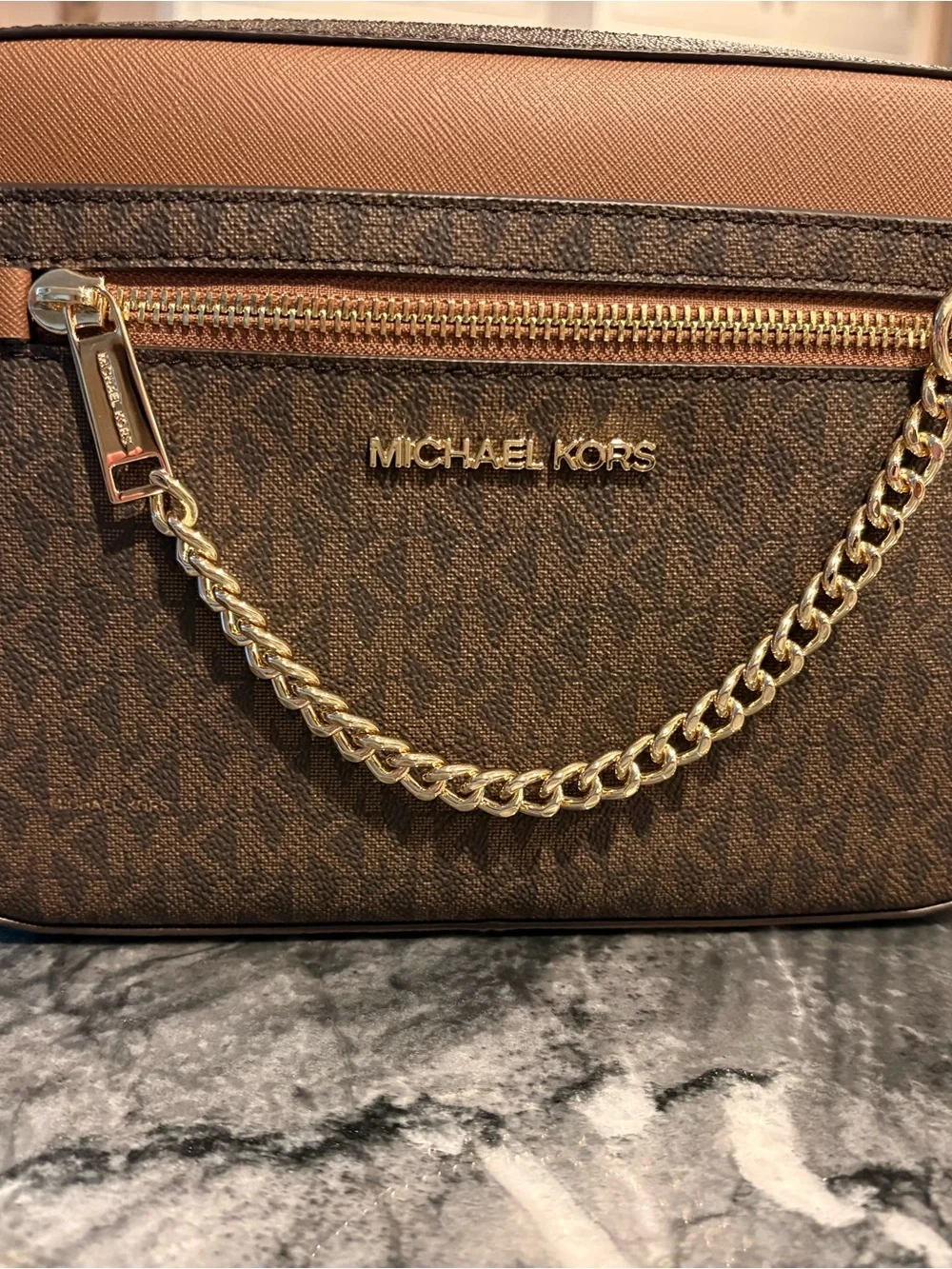 Michael Kors Brown & Tan Logo Crossbody with Gold Chain Detail